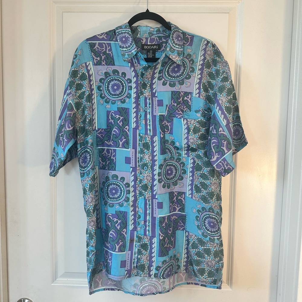 Bogari VintageRetro 100% Silk Blue Tropical Funky Button Up Shirt, Small
